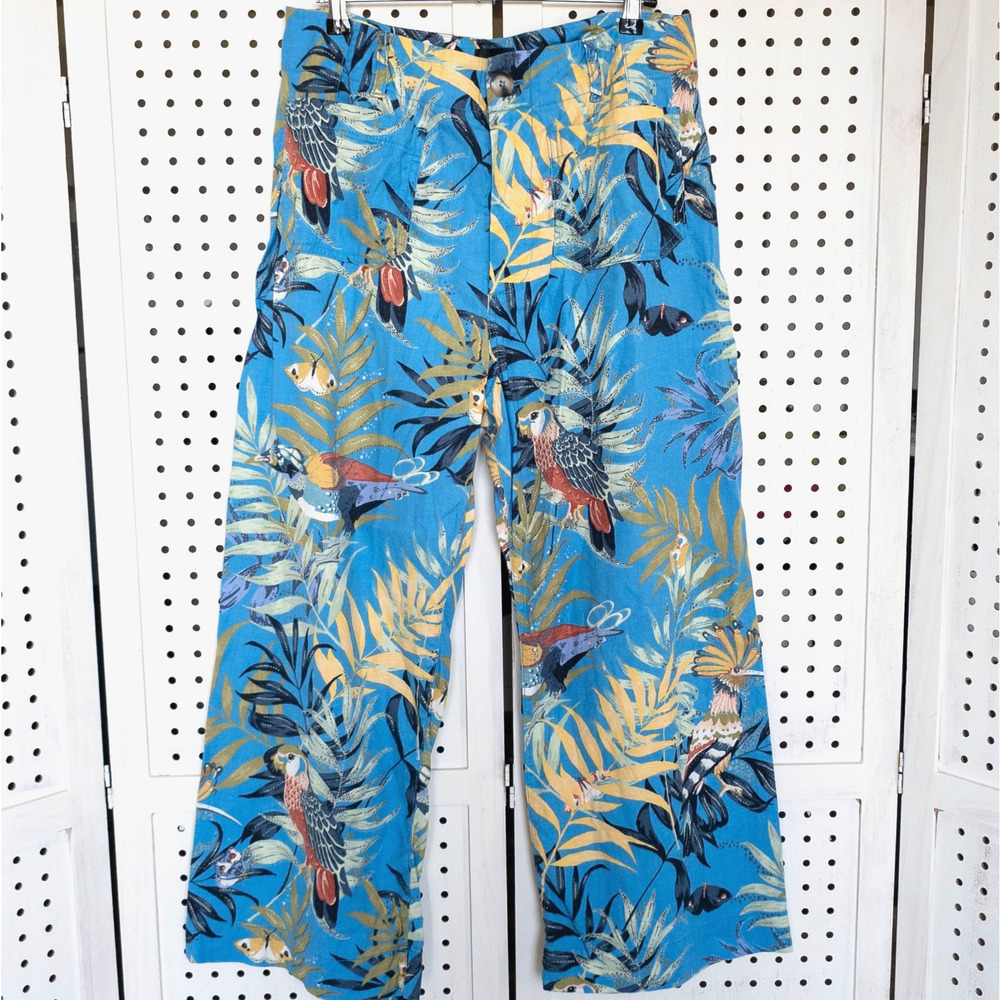 Anthropologie Womens 14 Maeve Colette Cropped Pants Blue Tropical Linen Beachy